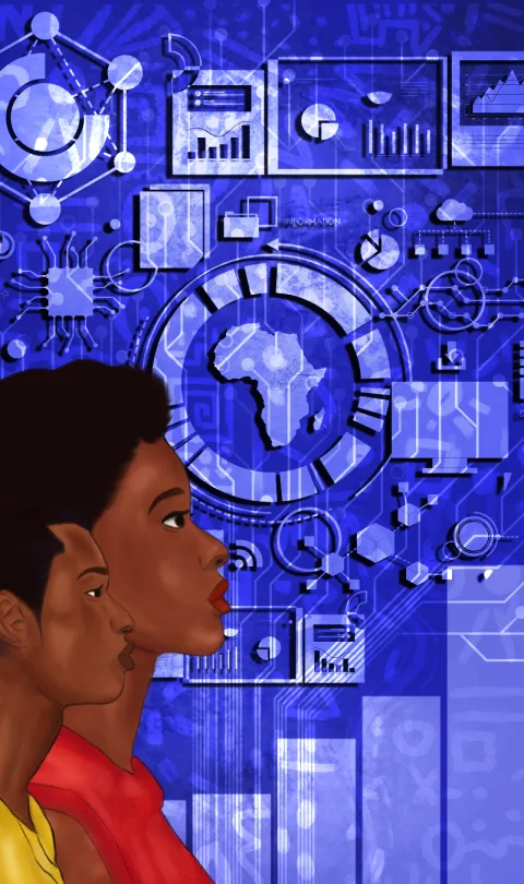 Data dashboard with two African scientists looking to the future