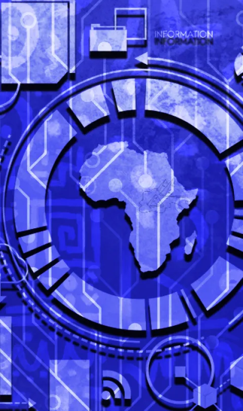 Blue data/tech illustration with map of Africa in the middle
