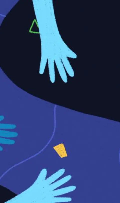 Abstract graphic with illustration of hands reaching out to each other