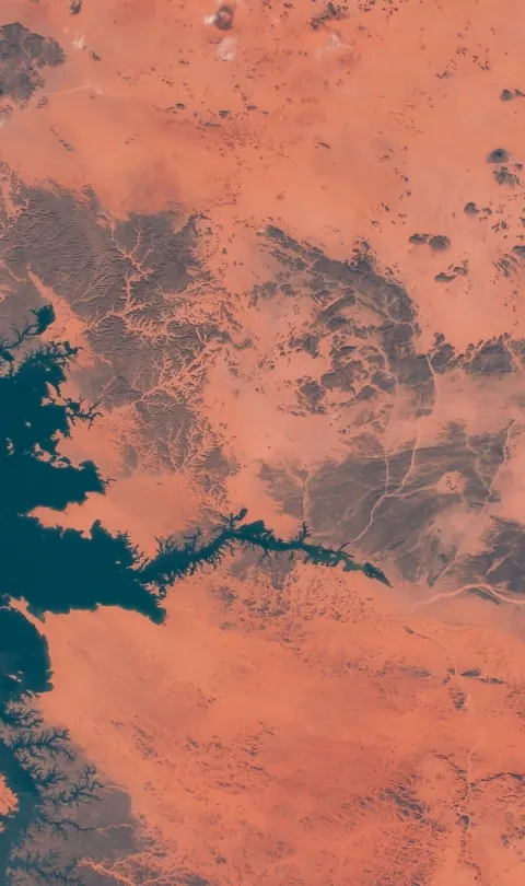 Lake Nasser in southern Egypt aerial view of lake from satellite imagery. Credit: aricancaner/Shutterstock