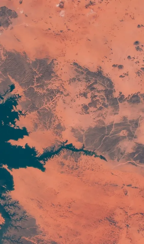 Lake Nasser in southern Egypt aerial view of lake from satellite imagery. Credit: aricancaner/Shutterstock