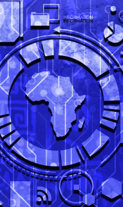 Graphic design with tech and data elements elevated over a dark blue background, with African continent at the center