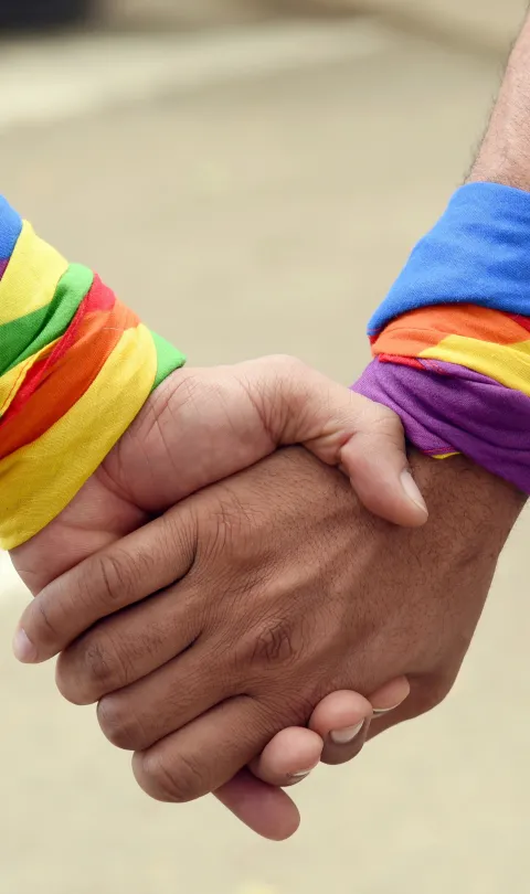 gay couple holding hands while walking. Closeup of LGBT community couple.Flag of the rainbow.In love