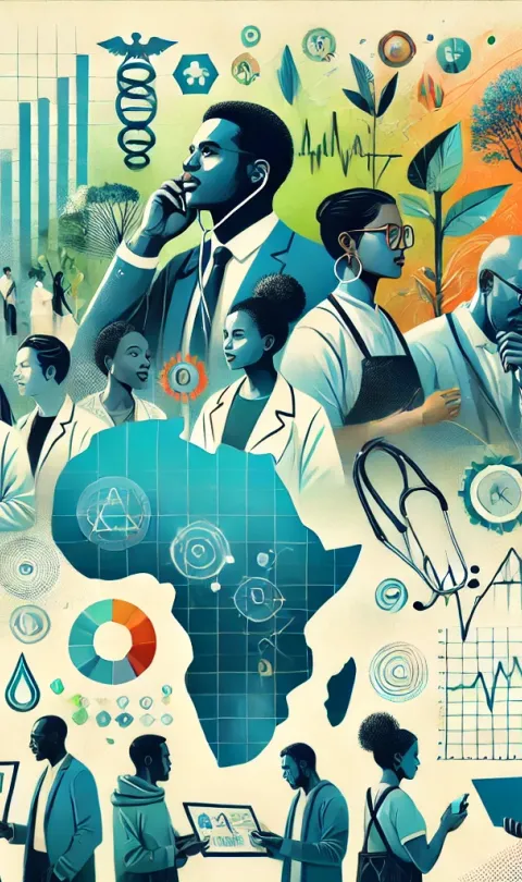 A vibrant and impactful banner featuring Black individuals collaborating on climate action and health initiatives, blended with elements of data visual