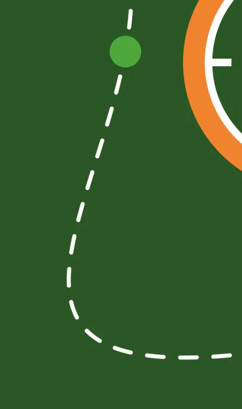 An illustration of a compass on top of a geographical map of a coastline. Along the land is a dotted line representing a pathway or route