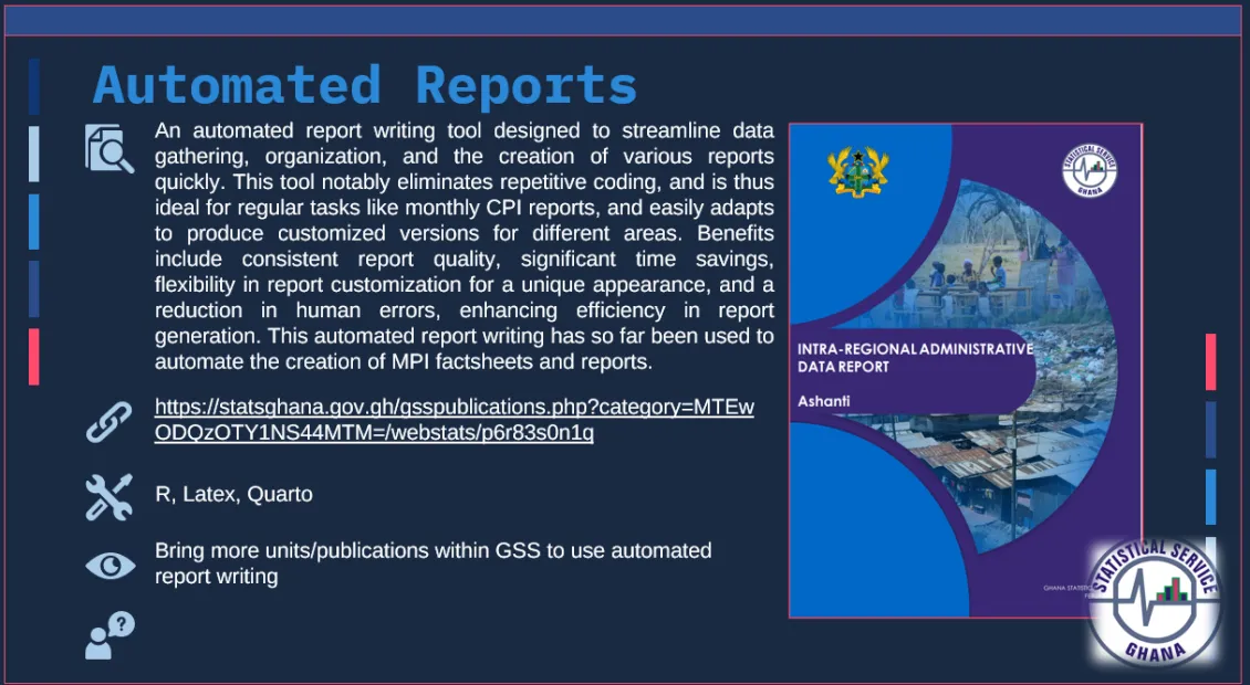 Text-based graphic that reads: Automated Reports. An automated report writing tool designed to streamline data gathering, organization, and the creation of various reports quickly. This tool notably eliminates repetitive coding, and is thus ideal for regular tasks like monthly CPI reports, and easily adapts to produce customised versions for different areas.