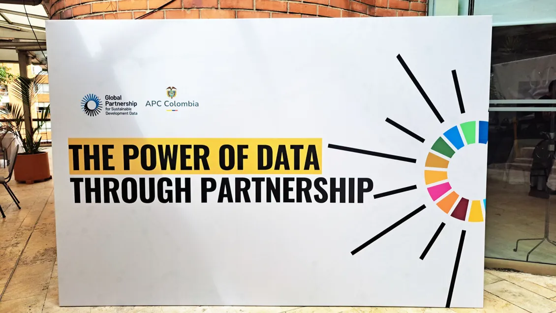 A banner at our UN World Data Forum 2024 side event and partners' lunch with APC Colombia. It says: The power of data through partnership