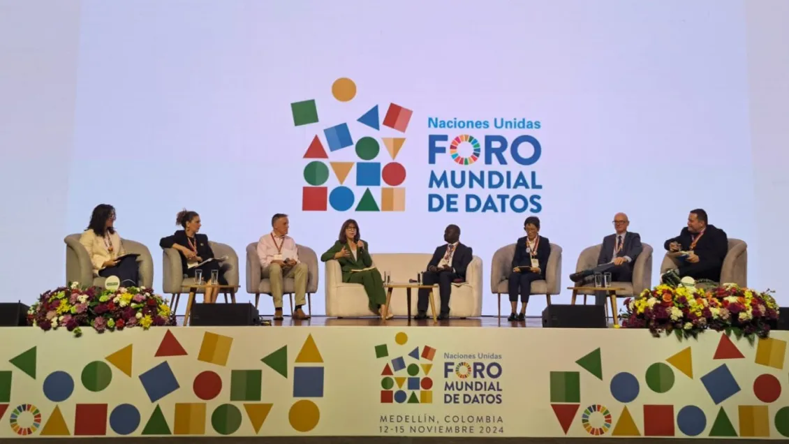 Claire Melamed, CEO of the Global Partnership, speaking at the plenary discussion on the final day of the 2024 UN World Data Forum, on effective partnerships for better data and a more equitable data ecosystem