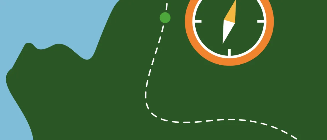 An illustration of a compass on top of a geographical map of a coastline. Along the land is a dotted line representing a pathway or route