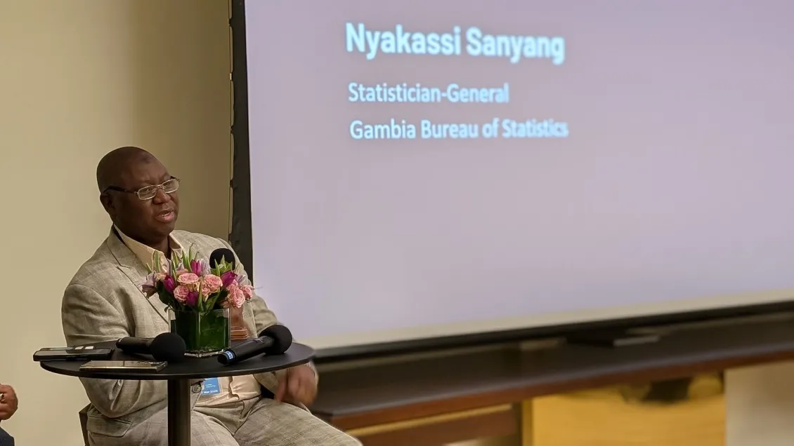 Nyakassi Sanyang, Statistician General, Gambia Bureau of Statistics, speaking at the event on using mobile phone data for statistics at the 56th UN Statistical Commission in March 2025