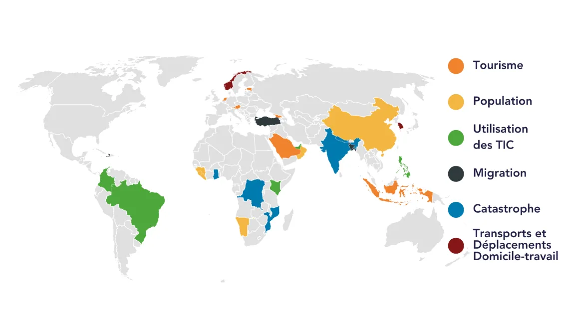 Une carte présentant les pays ayant des projets de données mobiles analysés dans les guides méthodologiques des Nations Unies à travers le monde. Ces guides couvrent des projets en Afrique, en Asie, en Europe, au Moyen-Orient et en Amérique du Sud.
