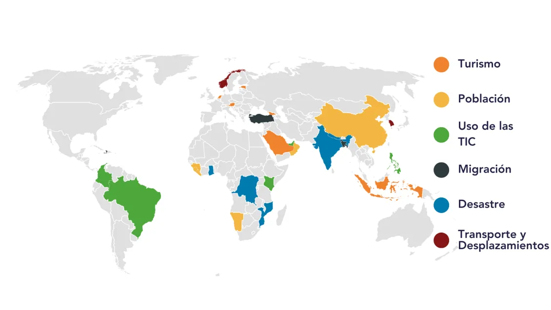 Un mapa que destaca los países con proyectos de datos móviles analizados en las Guías Metodológicas de la ONU a nivel mundial. Las guías abarcan proyectos en África, Asia, Europa, Oriente Medio y Sudamérica.