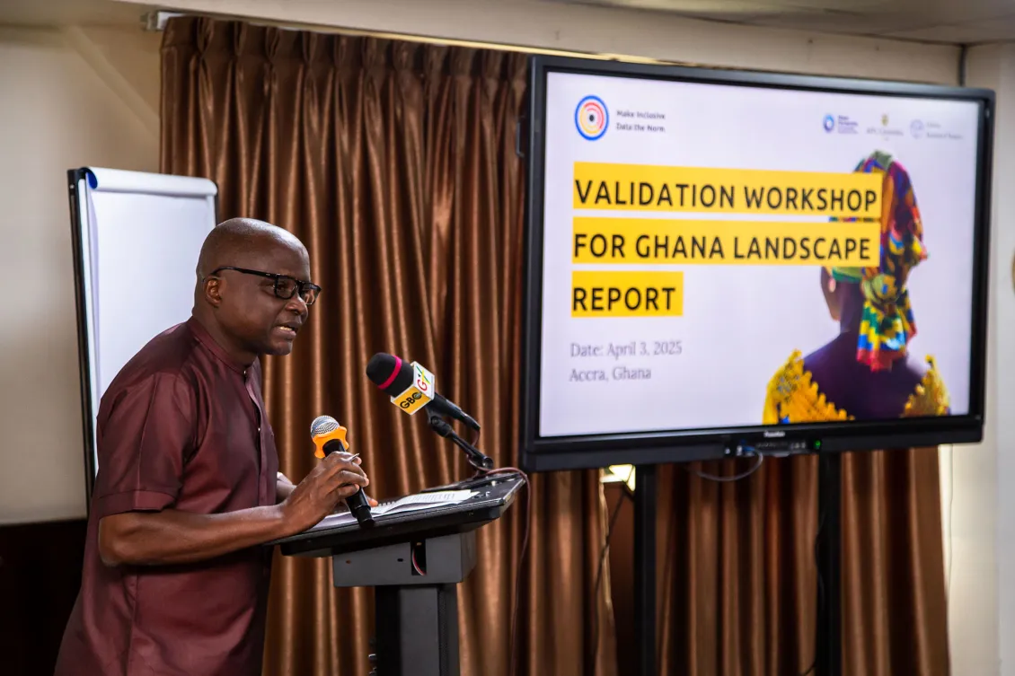 Mr. Godwin Odei-Gyebi, Director and Head of Demographic Statistics at GSS, speaking at the national validation workshop in Ghana in April 2025