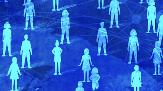 Blue map illustration with people standing above the map