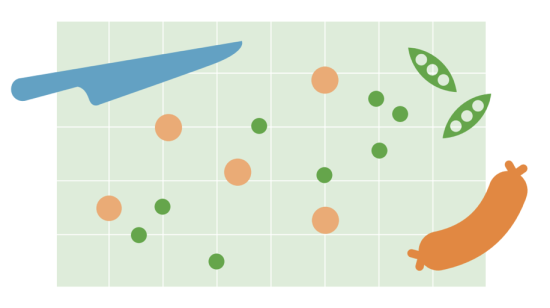 Graphic of cutting board with knife, foods, and data particles