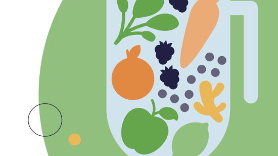 Graphic of a blender with fruits and vegetables