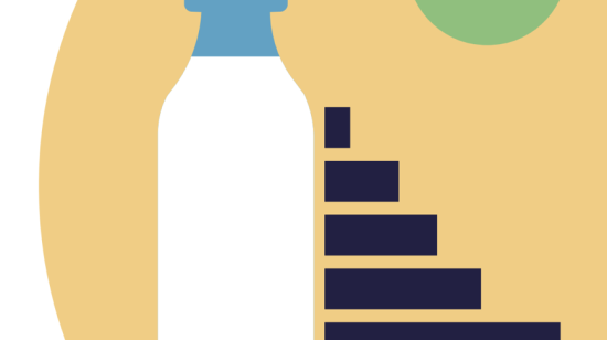 Graphic of milk carton and data-related abstract shapes