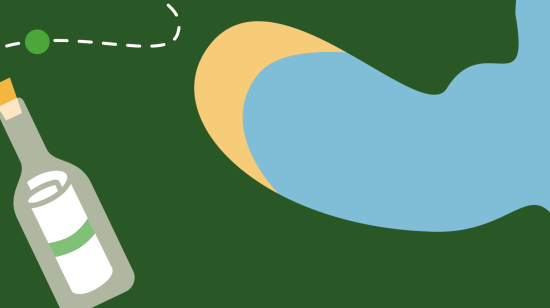 An illustration of an aerial view of a coastline, with a message in a bottle on the land. A dotted line represents a pathway.