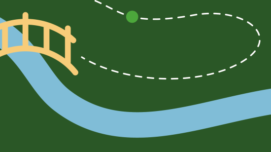 An illustration of a bridge over a river, with a dotted line to represent a pathway.