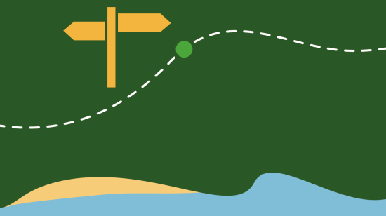 An illustration of a map, with a road sign and a dotted line to represent a pathway
