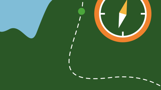 An illustration of an aerial view of a coastline, with a compass on top of the land. A dotted line represents a pathway.