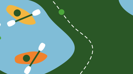 An aerial illustration of a body of water with three canoes. On the land alongside this, a dotted line represents a pathway.