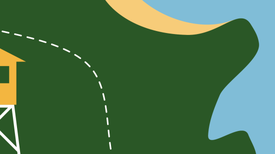 An illustration of an aerial view of a coastline, with a hut and a dotted line to represent a pathway.