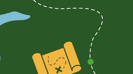 An illustration of an aerial view of a coastline, with a paper map on top and a dotted line to represent a pathway