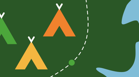 An illustration of an aerial view of a coastline, with three tents on the land. A dotted line represents a pathway.