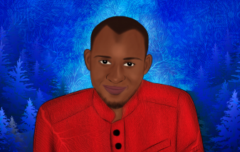 Illustration of Abdoul with blue digital background blended into a forest