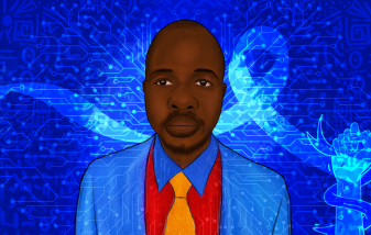 Illustration of Alpha Soko on blue background with hand and ribbon running across
