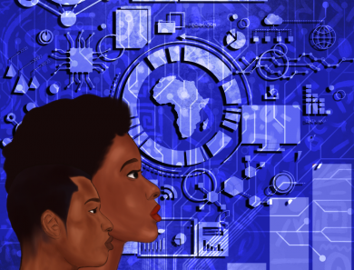 Data dashboard with two African scientists looking to the future